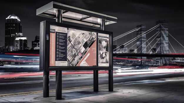 Foto openbaar informatiebord met vervaagde voertuigverlichting in de stad