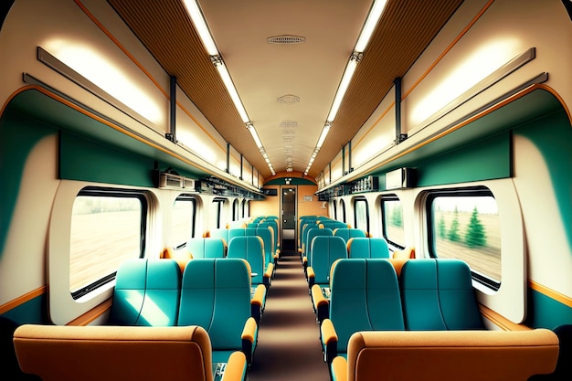 Openbaar vervoer arrangement heldere turquoise wagenstoelen in treininterieur