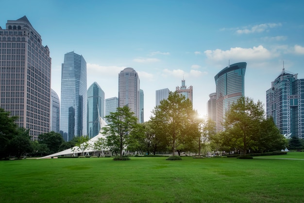 Openbare groene ruimte en moderne architectuur in het financiële district Shanghai Lujiazui