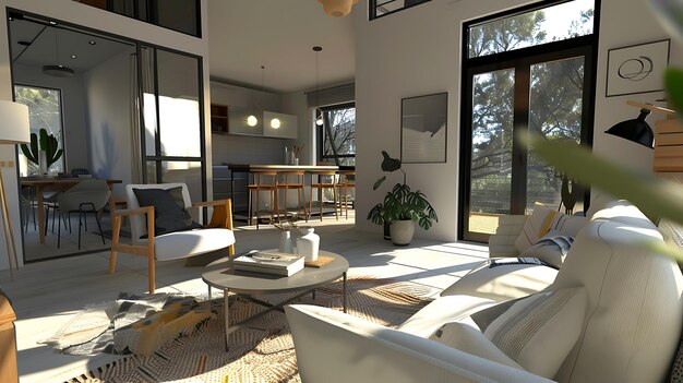 The openconcept living space is flooded with natural light from the large windows