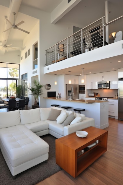 Photo an openconcept living space with a modern kitchen dining area and living room