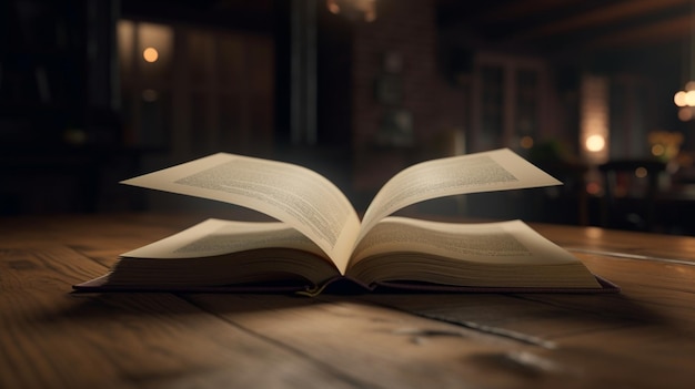 Opened 3D empty book on a wooden table with blurred background