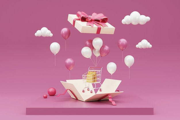 Opened 3d gift box with shopping cart,shopping bag and balloon. 3D rendering.