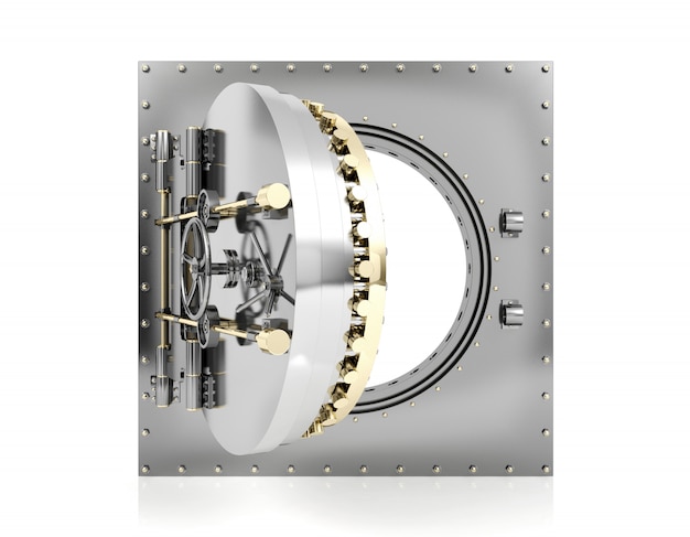 Opened bank vault door with empty white background