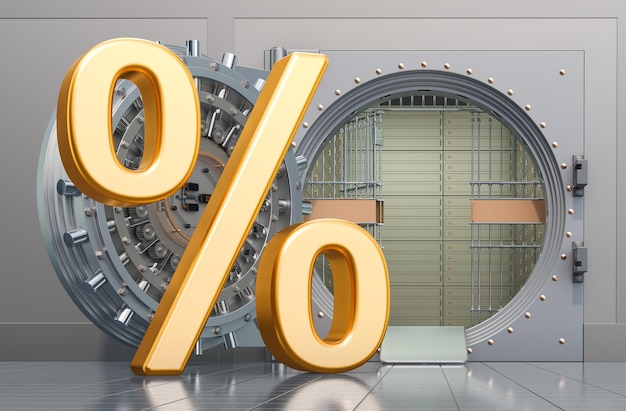 Opened bank vault with percent symbol financial concept 3D rendering