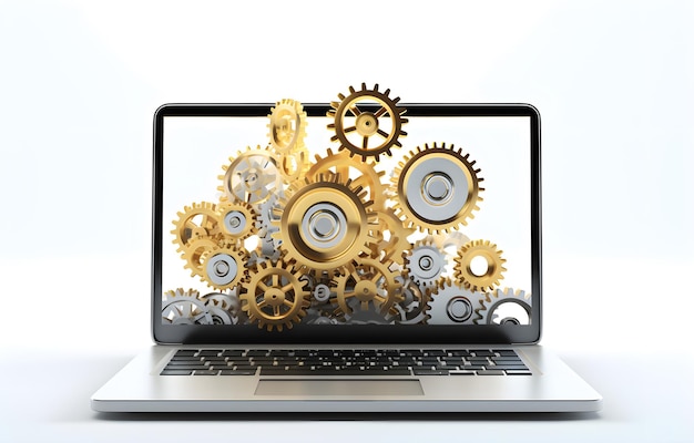 opened blank laptop with intersecting golden gears over screen and on white background