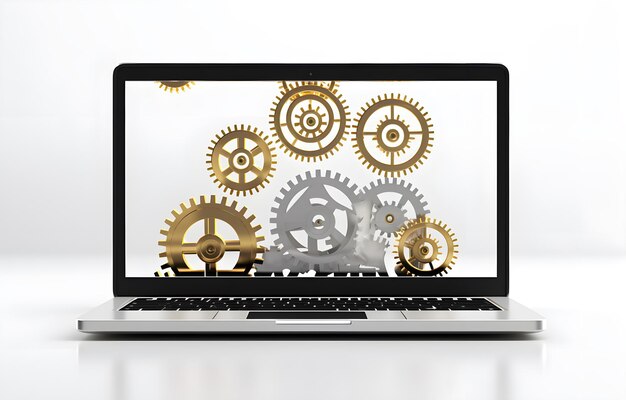 opened blank laptop with intersecting golden gears over screen and on white background