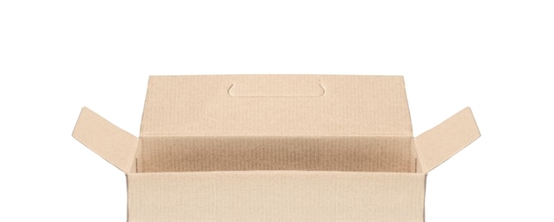 Opened blank rectangular empty cardboard box isolated on white background side view