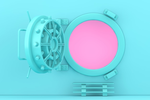 Открыт синий макет двери сейфа банка в двухцветном стиле на розовом фоне. 3d рендеринг
