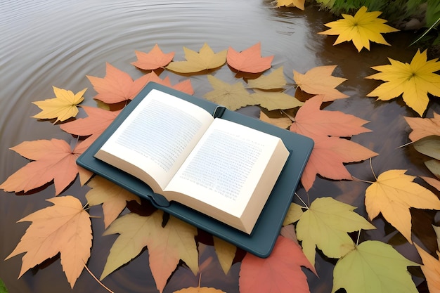 An Opened Book Floating On Water Surrounded With Leaves
