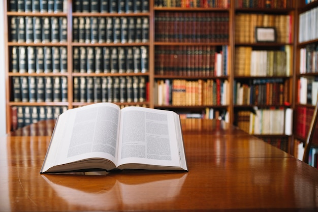 Opened book on library table