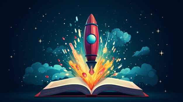 Photo opened book rocket launching in flat art style