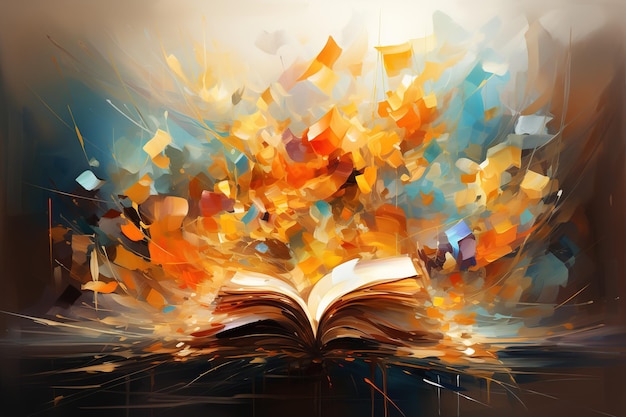 Opened book on the table in the library with light and sparks Bible Illustration abstraction