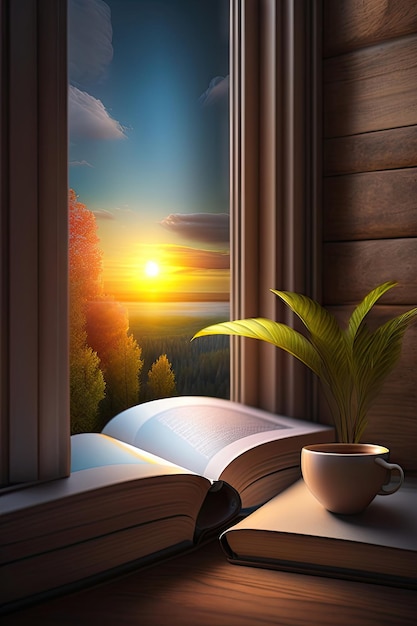 Opened book at the window sill