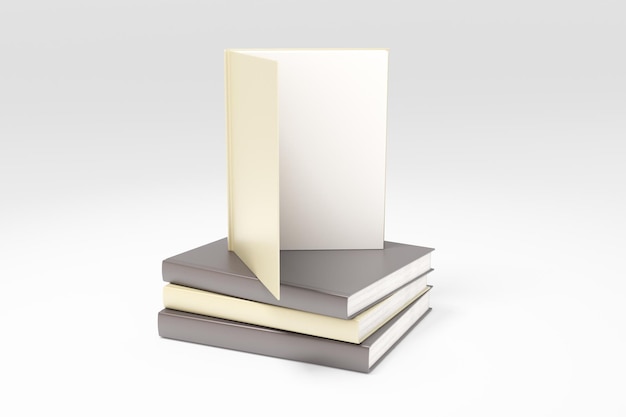 Opened book with blank white page on pile of books mock up 3D render