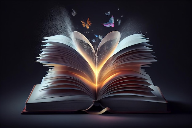 어두운 backgroundgenerative ai에 날아다니는 페이지와 나비가 있는 열린 책