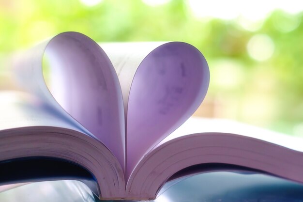 Opened book with heart shaped page on blurred natural green background