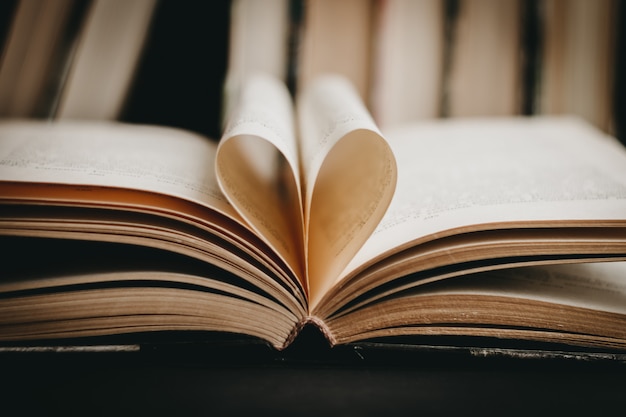 Opened book with heart shaped page. Heart from book page, valentine's day