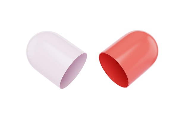 Открытая капсула таблетки белого и красного цвета, изолированные на белом фоне, 3d визуализация