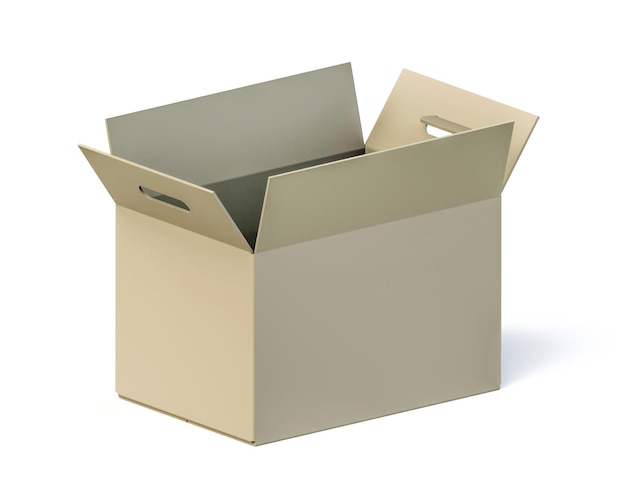 Opened cardboard blank box isolated on white background with clipping path. 3D