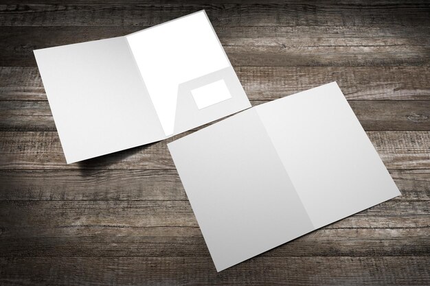 Photo opened and closed file folder mockup on wooden background