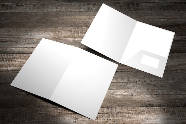 Photo opened and closed file folder mockup on wooden background