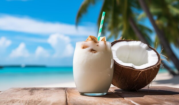 An opened coconut with a straw against a sandy tropical beach ocean background