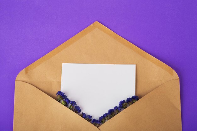 Opened craft paper envelope with empty piece of paper and dried blue flowers on very peri background. Zero waste concept. Organic material. Top view, copy space