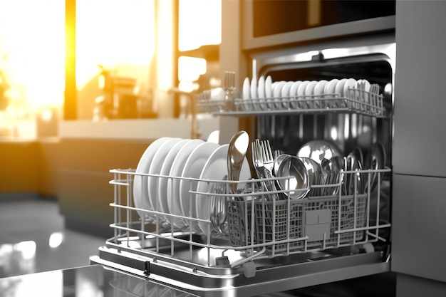 Фото Открытая посудомоечная машина в кухонной комнате с грязными тарелками или чистой посудой после мытья внутри