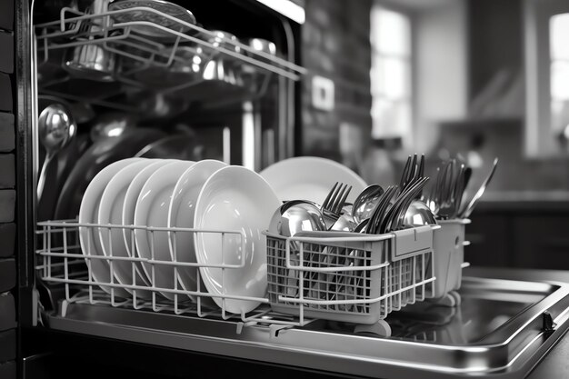 写真 キッチンルームで食器洗い機を開け、内部を洗った後に汚れた皿やきれいな皿を入れた状態