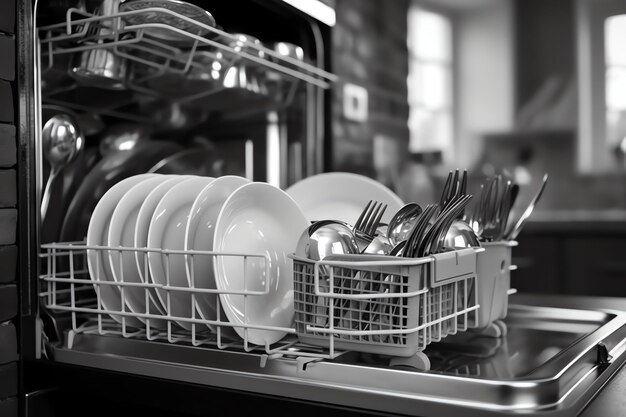 Photo opened dishwasher machine in kitchen room with dirty plates or clean dishes after washing inside