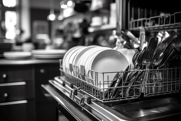 Открытая посудомоечная машина в кухонной комнате с грязными тарелками или чистой посудой после мытья внутри