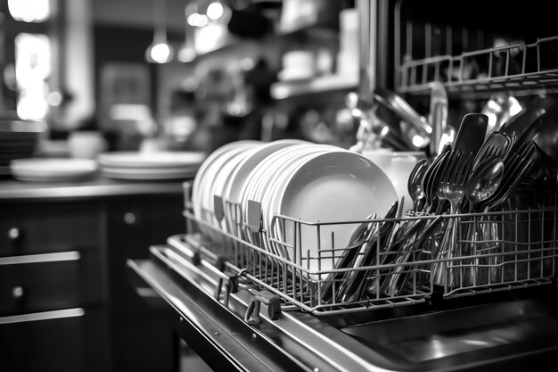 Photo opened dishwasher machine in kitchen room with dirty plates or clean dishes after washing inside