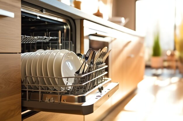 Foto lavastoviglie aperta in cucina con piatti sporchi o piatti puliti dopo il lavaggio interno