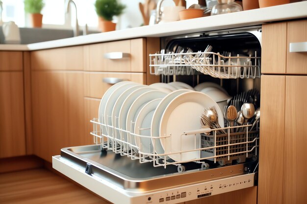 Opened dishwasher machine in kitchen room with dirty plates or clean dishes after washing inside