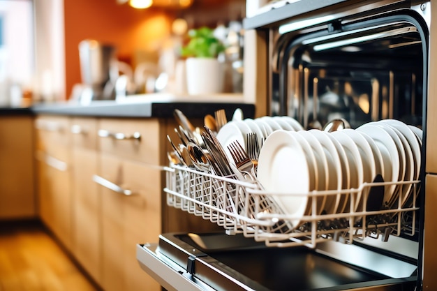 Foto lavastoviglie aperta in cucina con piatti sporchi o piatti puliti dopo il lavaggio interno