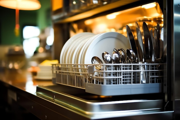 Photo opened dishwasher machine in kitchen room with dirty plates or clean dishes after washing inside