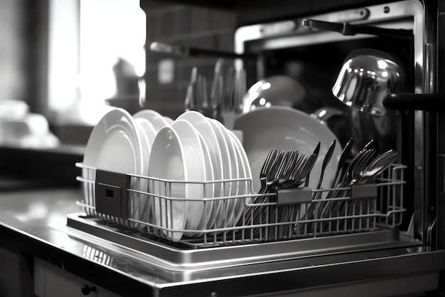 キッチンルームで食器洗い機を開け、内部を洗った後に汚れた皿やきれいな皿を入れた状態