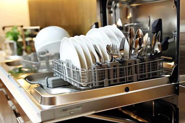 Photo opened dishwasher machine in kitchen room with dirty plates or clean dishes after washing inside