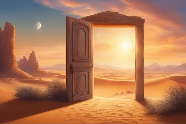 Opened door on the desert behind is a view of the sky and sunlight