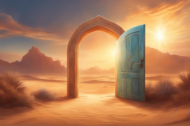 Opened door on the desert behind is a view of the sunlight door opening to new world composition