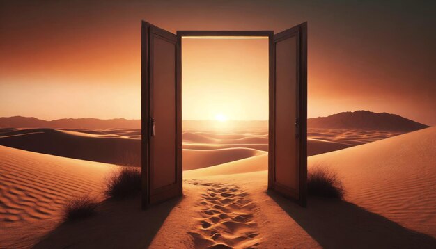 Opened door on desert during sunset time