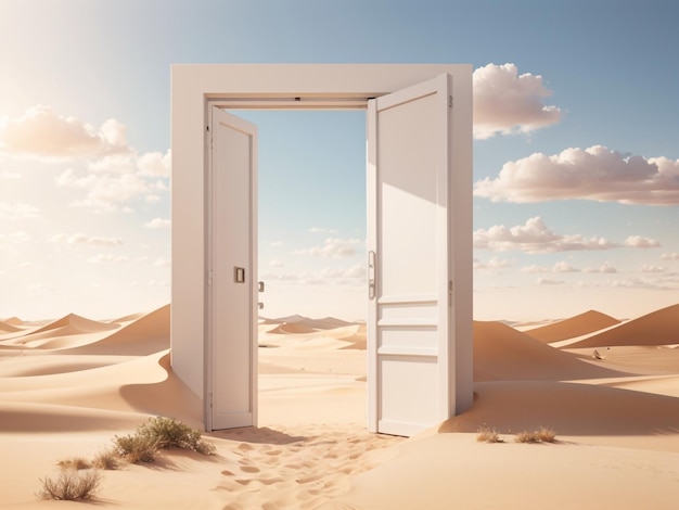 Opened door on desert unknown and startup concept