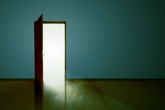 Photo opened door with white light indoor with wooden floor