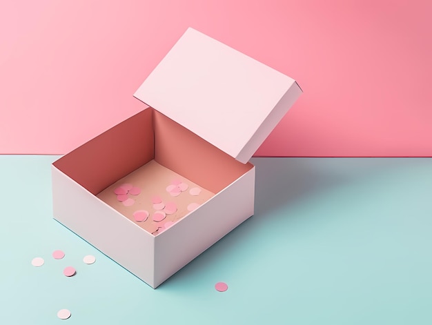 Opened empty cardboard box isolated on a pink blue background Designed for gifts and inscriptions