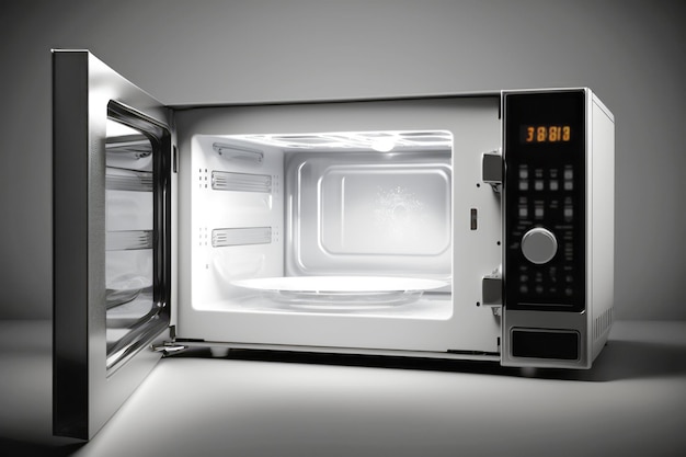 Opened empty microwave oven studio or kitchen shot AI generative