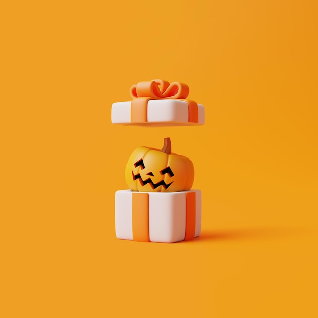 Opened gift box with Halloween Jack o Lantern pumpkin on orange background Happy Halloween concept