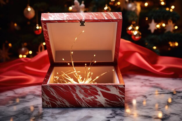 an opened gift box with sparkling tinsel inside on marble table created with generative ai