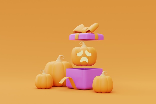 노란색 배경 전통적인 10월 휴일 3d 렌더링에 할로윈 JackoLantern 호박이 있는 선물 상자를 열었습니다.