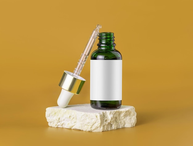 Opened Green dropper bottle on beige stone on red close up cosmetic Mockup